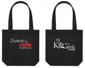 Tote bag with logo on one side and I'd kill for a good read on the other